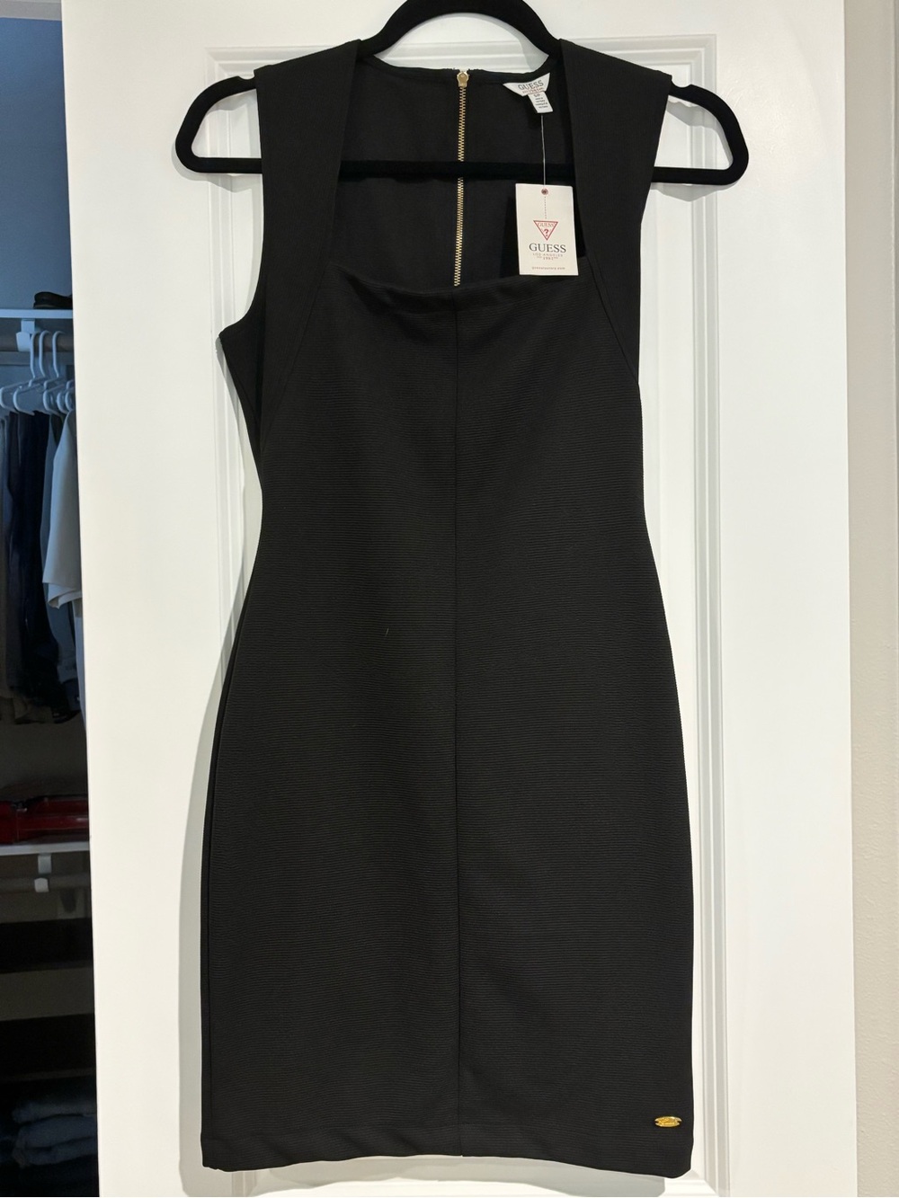 Guess Black Sleeveless Midi Sheath Dress with Gold Zip